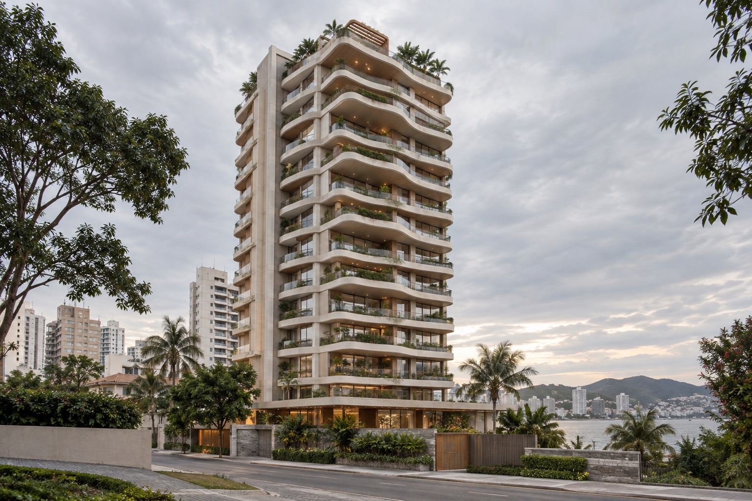 Perspectiva ilustrativa de um edifício residencial com jardins