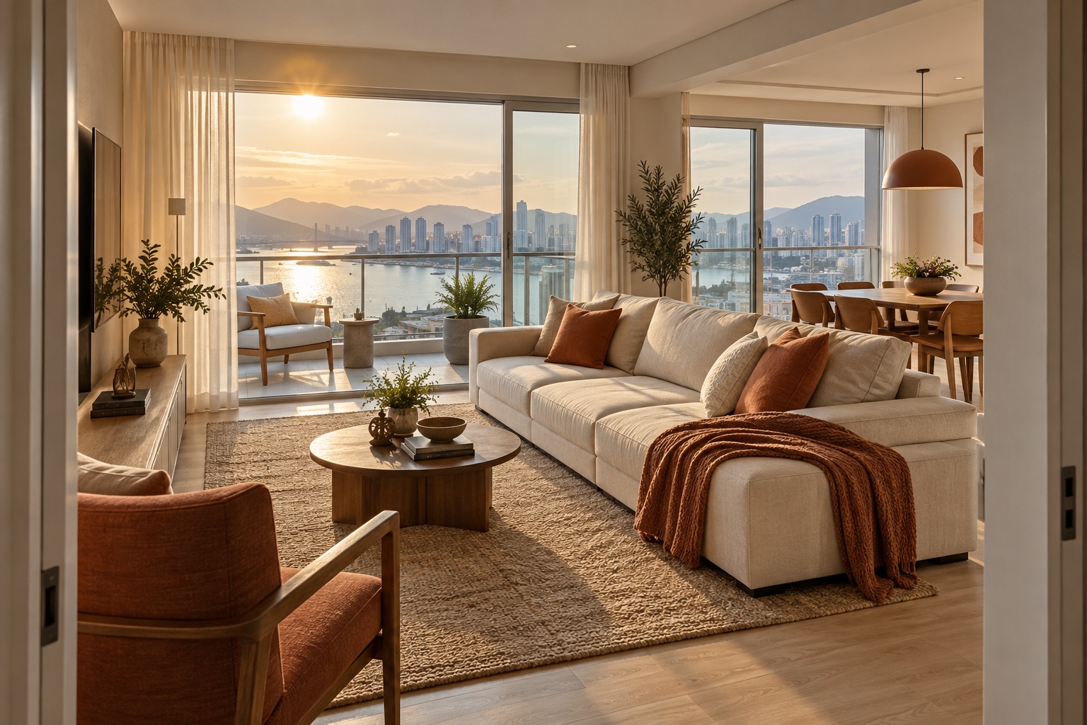 Interior ilustrativo de apartamento com vista para a cidade